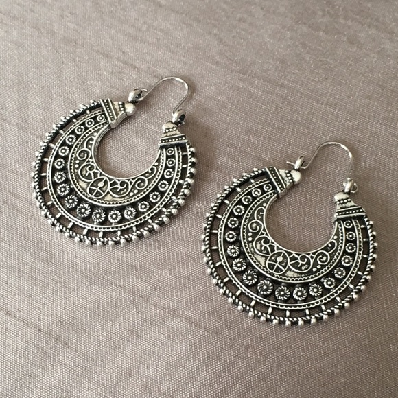 Silver Tone Filigree Boho Hoop Earrings - Picture 2 of 7